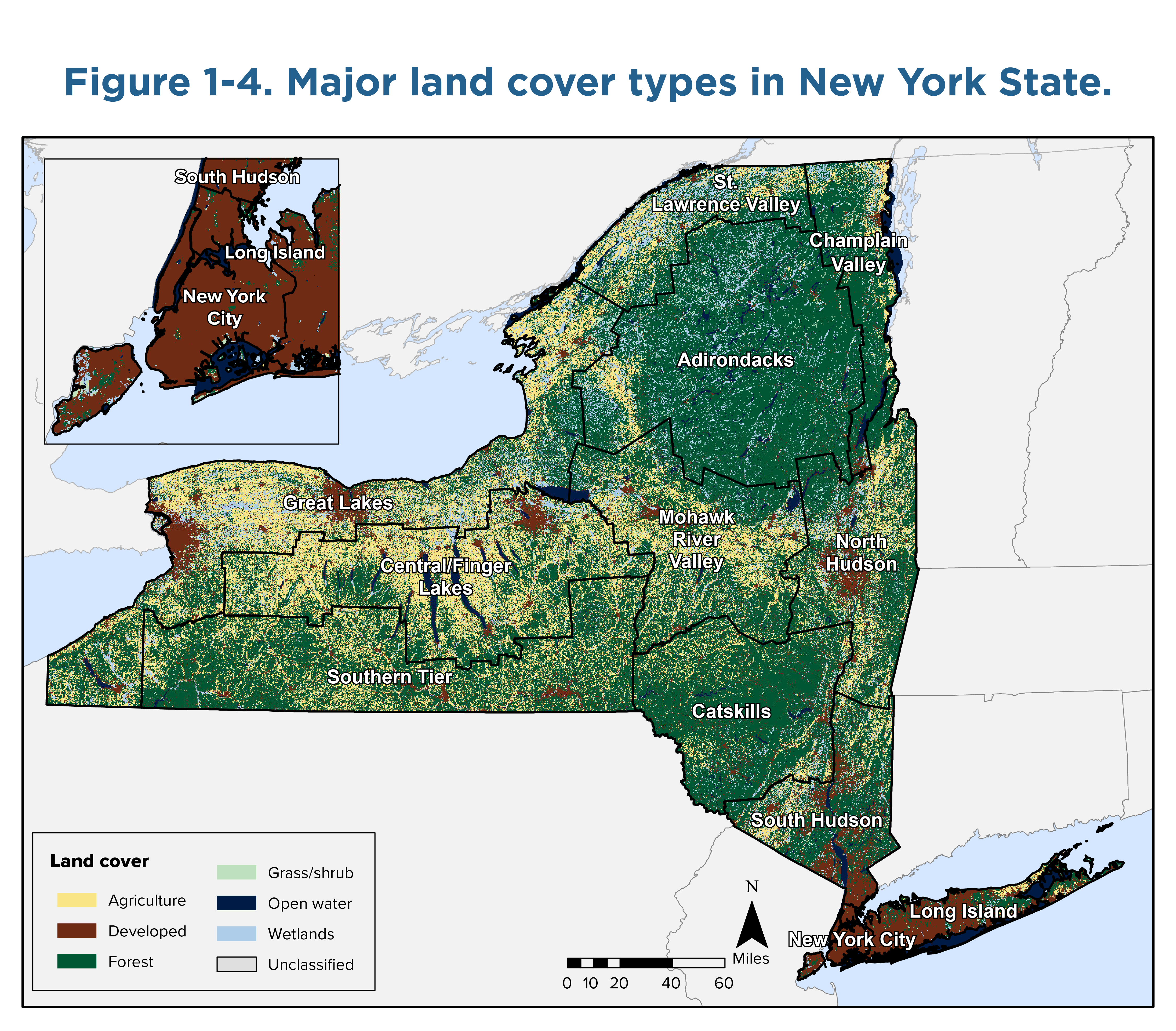A map of New York State shaded based on land cover type. The land cover types include Agriculture, Developed, Forest, Grass/shrub, Open water, Wetlands, and Unclassified. The map is overlaid with assessment region boundaries and names. An inset map in the top left corner is centered on New York City.