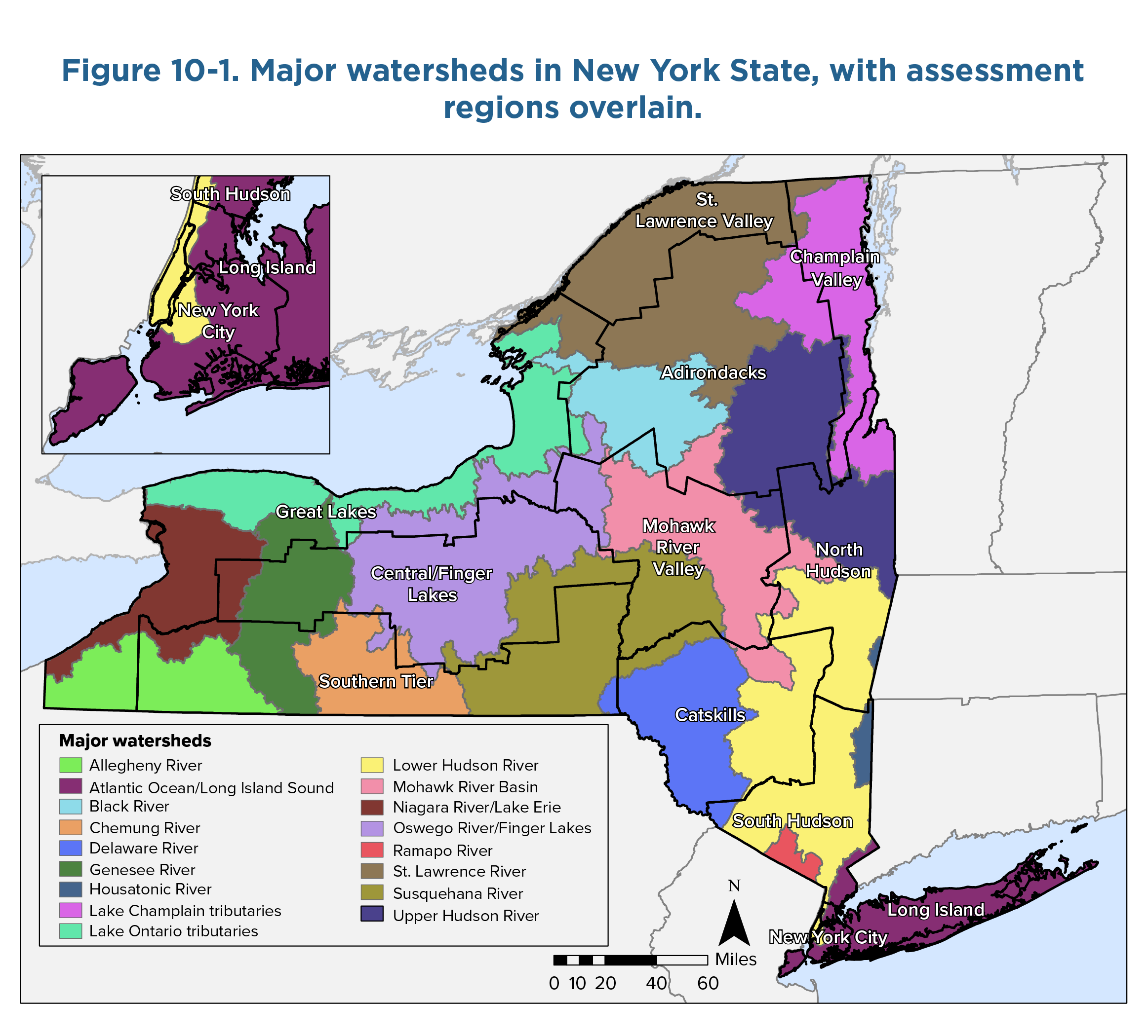Map of New York State colored to show major watersheds. The map is overlaid with assessment region boundaries and names. An inset map in the top left corner is centered on New York City and shows the same information.