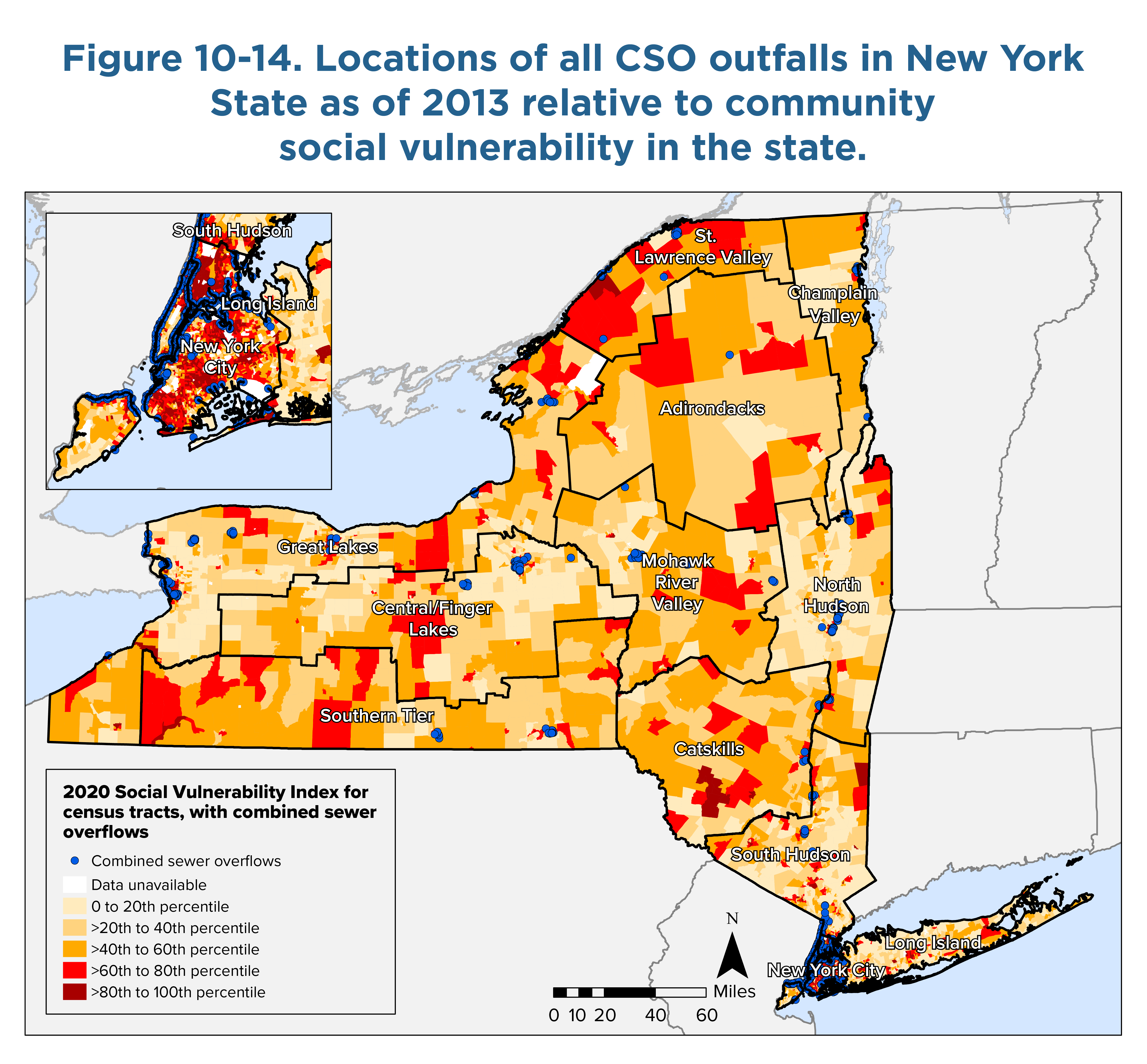 Map of New York State colored to show the 2020 Social Vulnerability Index of each census tract. Combined sewer overflows are also shown using dots. The map is overlaid with assessment region boundaries and names. An inset map in the top left corner is centered on New York City.
