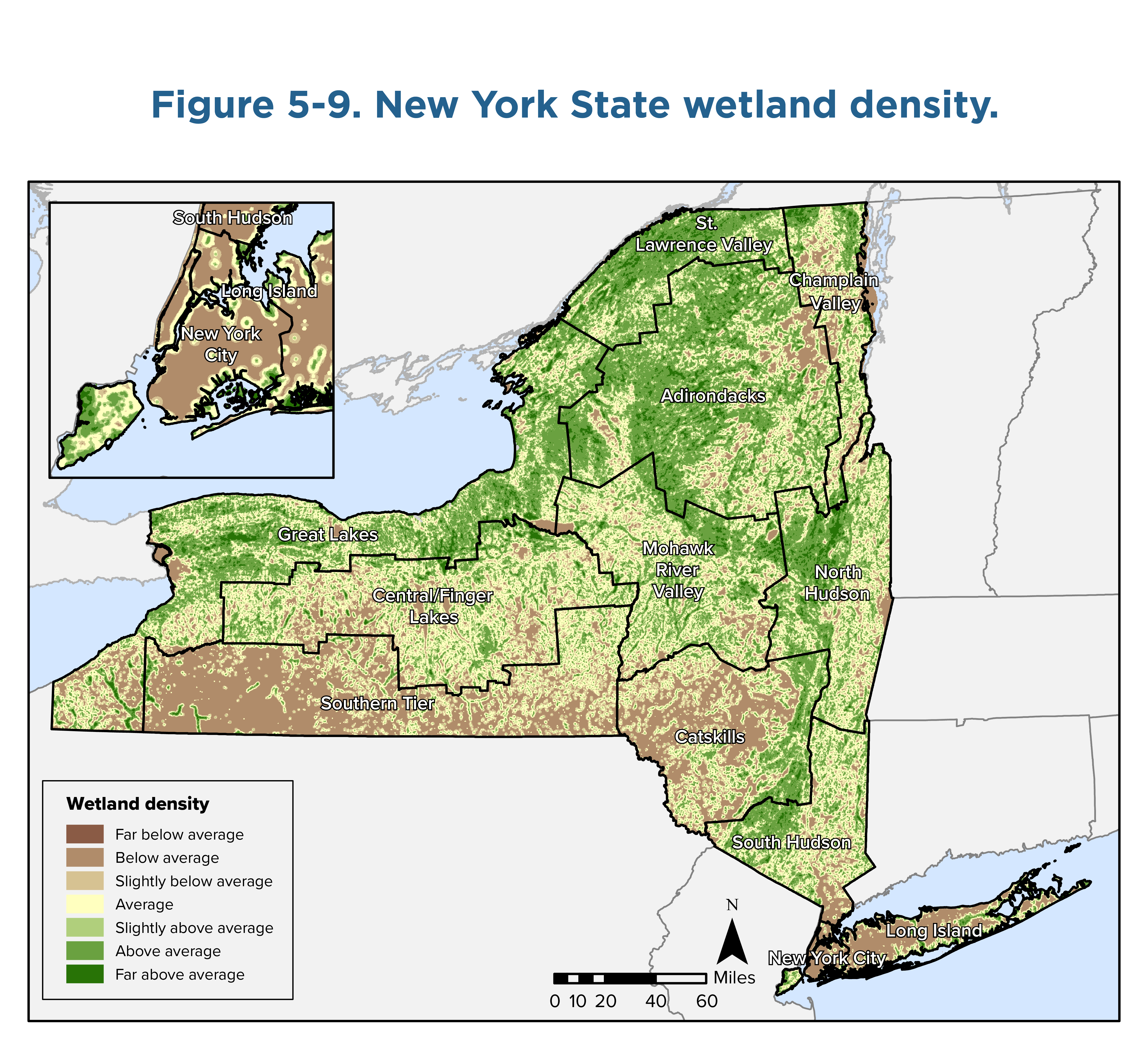 Map of New York State shaded to show wetland density. The range is from 'far below average' to 'far above average'. The map is overlaid with assessment region boundaries and names. The inset map is a close up centered on New York City.