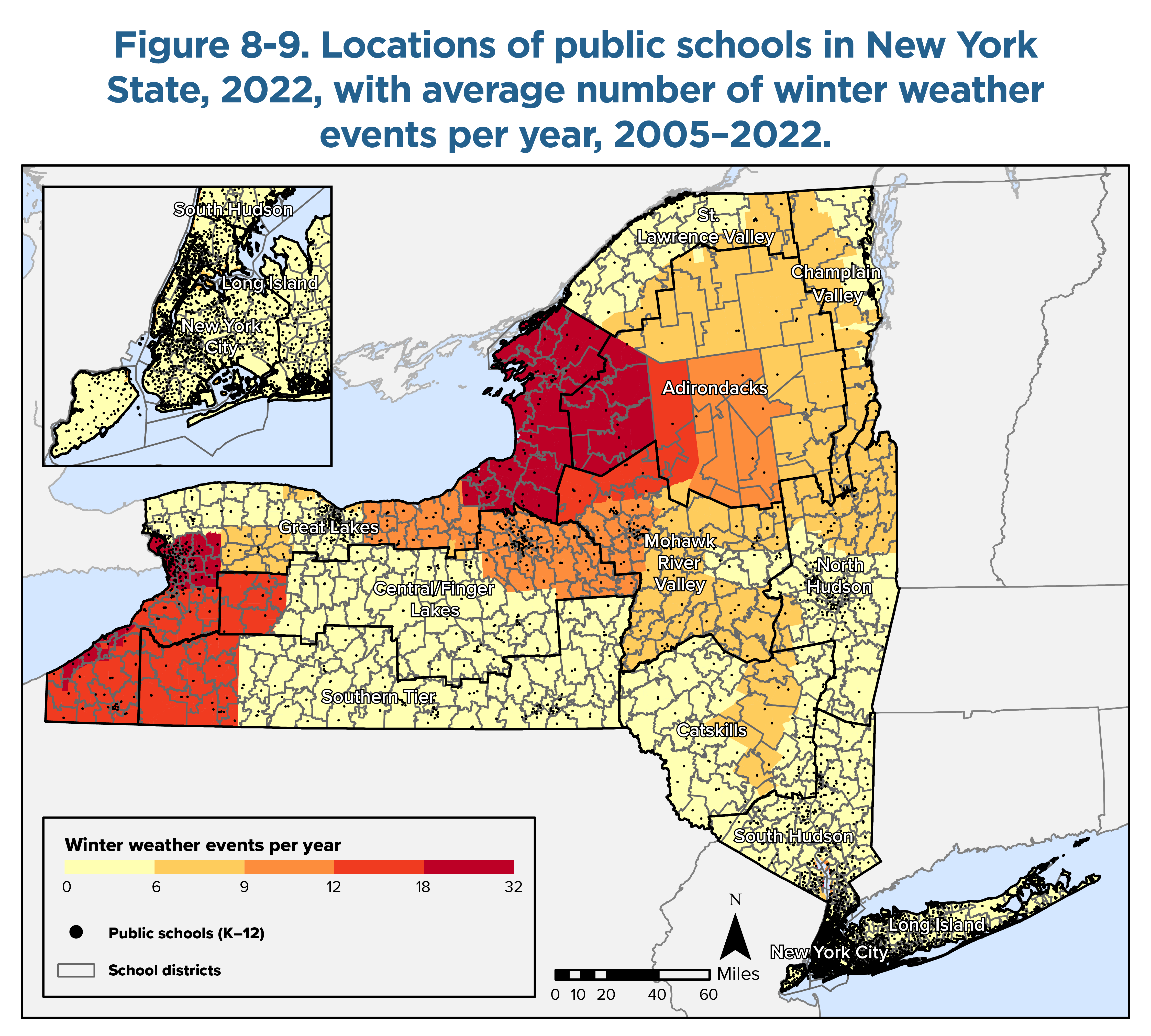 Map of New York State colored to show the average number of winter weather events per year from 2005 to 2022. The map is overlaid with New York State school district boundaries. The locations of public schools are show with small dots. The map also shows assessment region boundaries and labels. The inset map in the top left is a close up view of New York City with the same data shown.