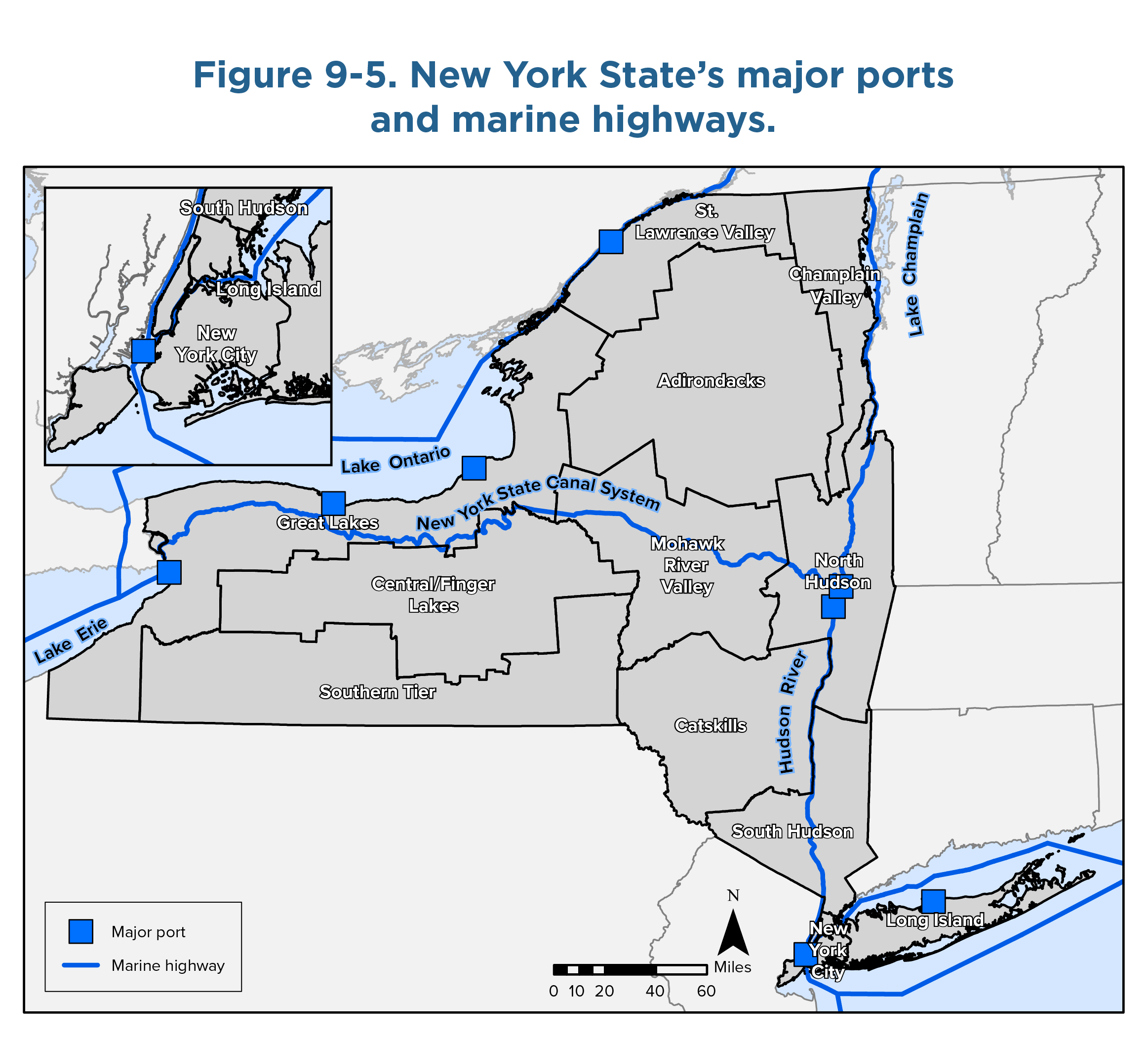 Map of New York State showing the marine highways and major ports. The marine highways displayed on the map are the marine highway going through the East River and around Long Island; the marine highway in the Atlantic Ocean coastal waters; the marine highway going through New York Harbor, up the Hudson River, and through Lake Champlain; and the marine highway connecting Lake Erie, Lake Ontario, and the St. Lawrence Seaway as well as the New York State Canal System. The map is overlaid with assessment region boundaries and labels. The inset map in the top left is a close up view of New York City with the same data shown.