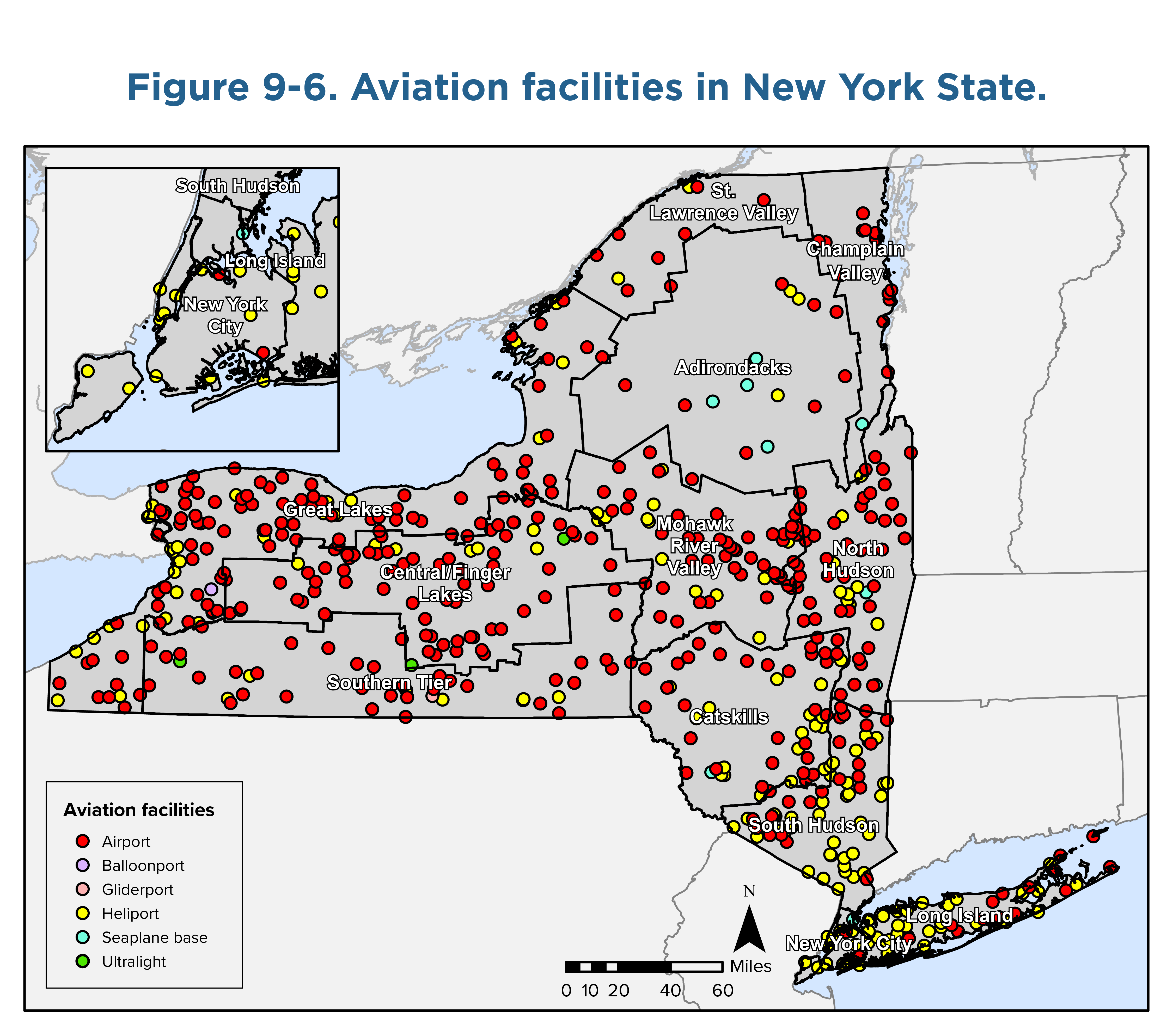 Map of New York State showing the aviation facilities in the state. The types of aviation facilities displayed as dots are airport, balloonport, gliderport, heliport, seaplane base, and ultralight. The map is overlaid with assessment region boundaries and labels. The inset map in the top left is a close up view of New York City with the same data shown.